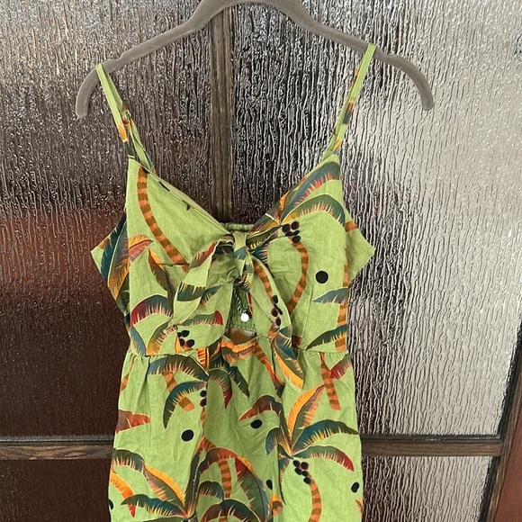 Farm Rio Anthropologie Tie-Front Linen Maxi Dress Green Motif Tropical Medium - Picture 5 of 11